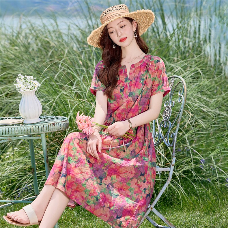 优雅碎花棉麻短袖连衣裙女夏2026新款小个子收腰显瘦气质减龄长裙,女装连衣裙,倪叶myz