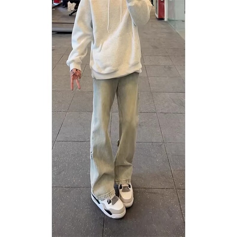 水洗黄泥色双拉链牛仔裤男款春秋美式高街vibe裤子小众微喇弯刀裤,男装牛仔裤,星座601-1