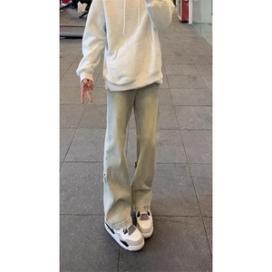 水洗黄泥色双拉链牛仔裤男款春秋美式高街vibe裤子小众微喇弯刀裤