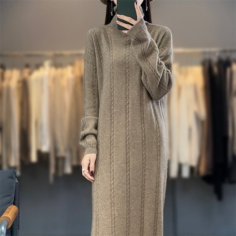 羊毛针织裙时尚麻花中长款连衣裙秋冬新款半高领打底衫，女装连衣裙，蒙莲贝斯