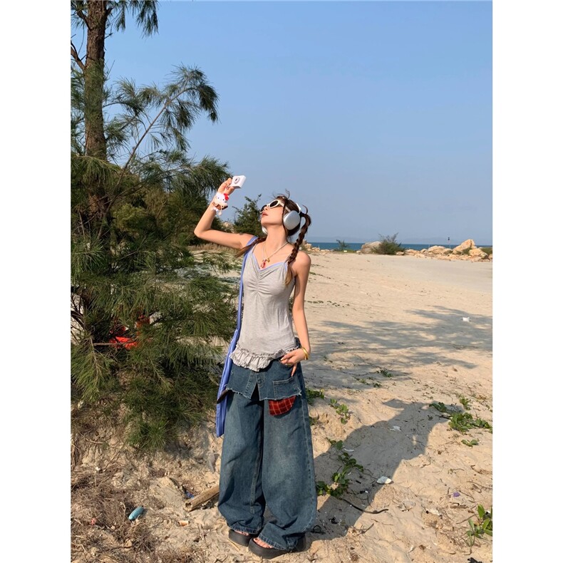 假两件设计感格子拼接牛仔裤女2025新款美式复古宽松阔腿弯刀裤子,男装牛仔裤,星座506A