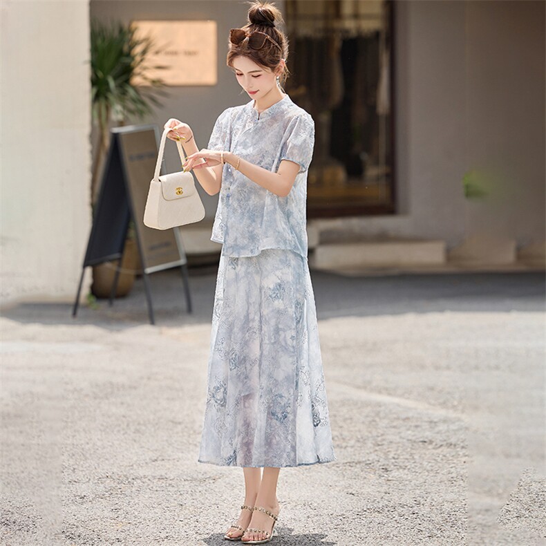 新中式轻国风套装裙女夏2025新款高级感小个子复古刺绣裙子两件套,女装套装/套裙,欣贝拉
