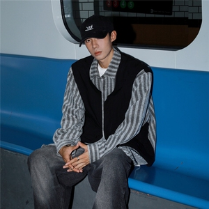 2025港风假两件衬衫马甲外套男潮流情侣女夹克外套男77860特P68控