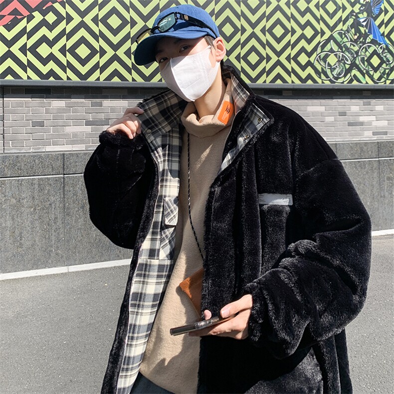 冬季棉服加厚保暖格子棉衣港风潮流两面穿羊羔毛外套男MY56-P135,男装棉衣,电商B295