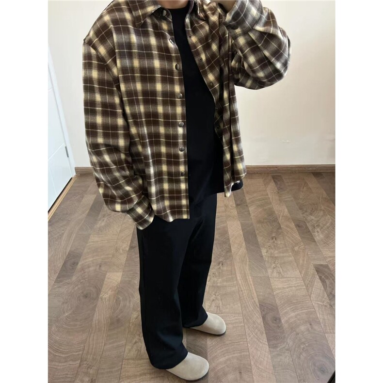 春秋新款下摆流苏破坏衬衣男女经典基础翻领复古格子衬衫外套上衣,男装衬衫,星座516A