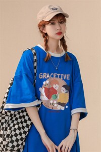 中性  春夏新款宽松复古卡通印花撞色圆领短袖T恤女T6260 P35控48图片
