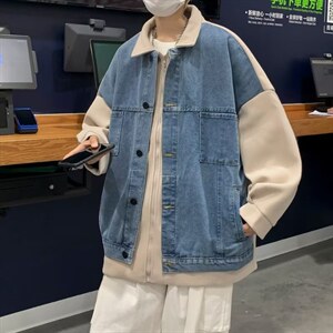 假两件牛仔外套男春秋潮牌设计感拼接港风J2100P80图片
