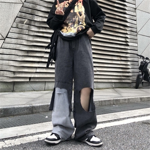 潮ins嘻哈设计感高街破洞牛仔裤宽松直筒长裤子男N08115-P45图片