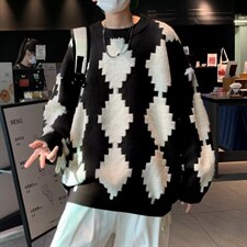 2023秋冬宽松圆领撞色针织衫新款菱形格套头毛衣男M640-P42，男装针织衫/毛衣，星座512-2