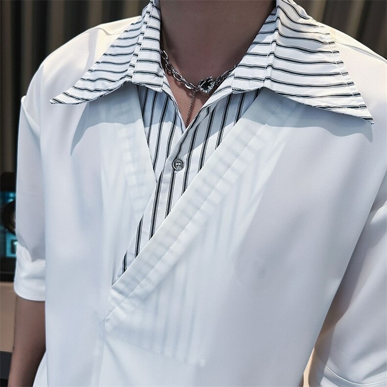 痞帅衬衫男短袖假两件条纹超火七分袖2025新款高级感冰丝衣服男装,男装T恤,星座506A