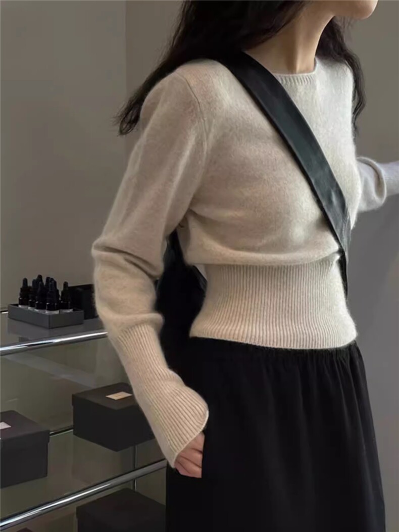 气质高腰短款100%纯羊毛衫女小个子一字领软糯针织毛衣羊绒衫打底,针织衫/毛衣,德聚羊绒