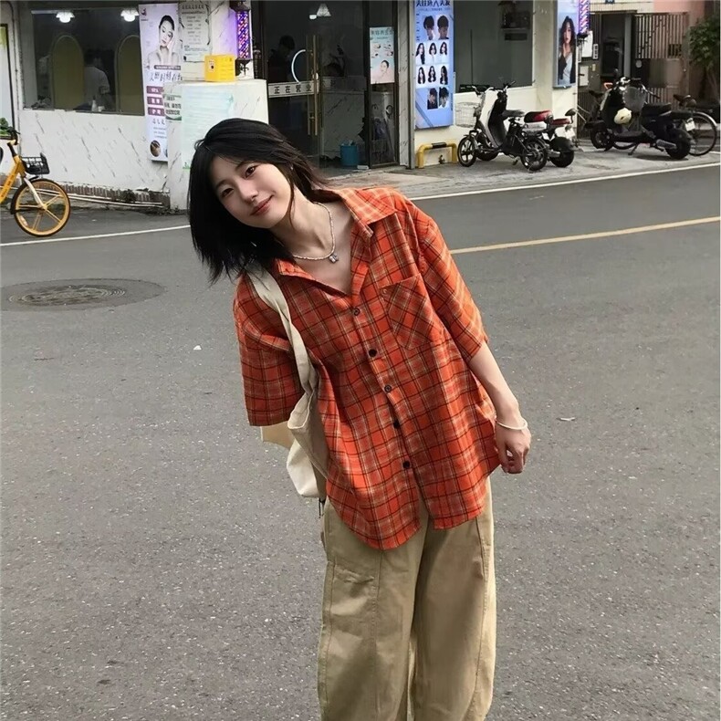 美式潮牌复古橙色格纹短袖衬衫宽松百搭休闲情侣慵懒衬衣,男装T恤,星座1210-1
