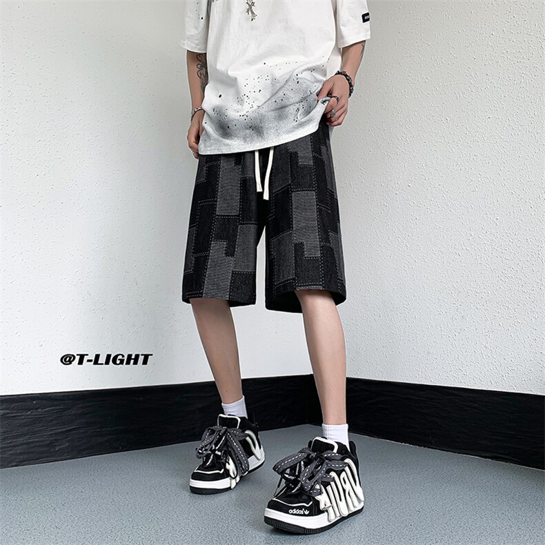 美式ins高街牛仔短裤小众百搭拼接渐变牛仔裤K2309-P45控68,男装牛仔裤,电商A062