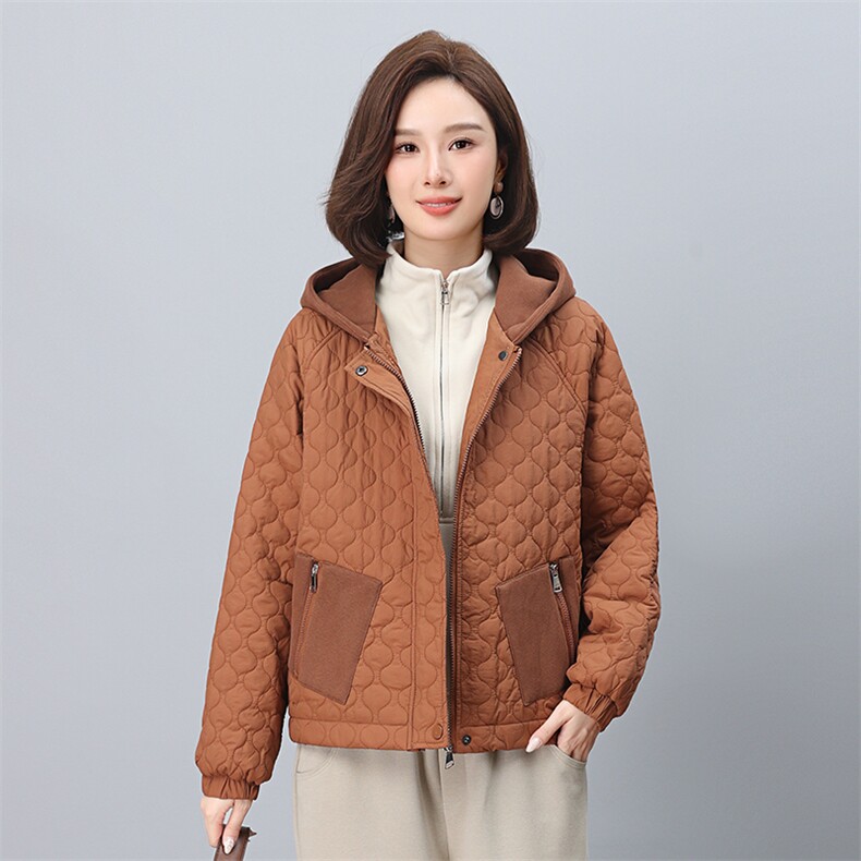 时尚保暖女款棉衣 连帽拼接口袋设计 舒适百搭短款外套图片