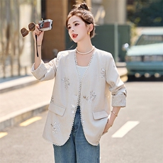 2025春新款新中式刺绣西装外套女高级感显瘦V领气质西服上衣，女装西装，妙形
