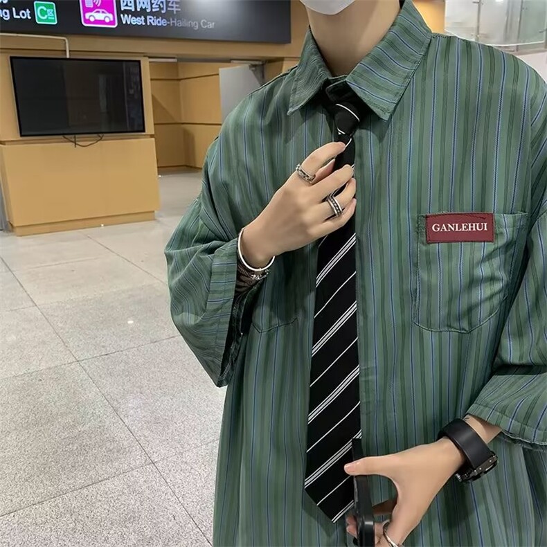 ins慵懒标准日常男青春流行五分袖新款方领潮衬衫送领带LC86P35,男装衬衫,星座1116-2