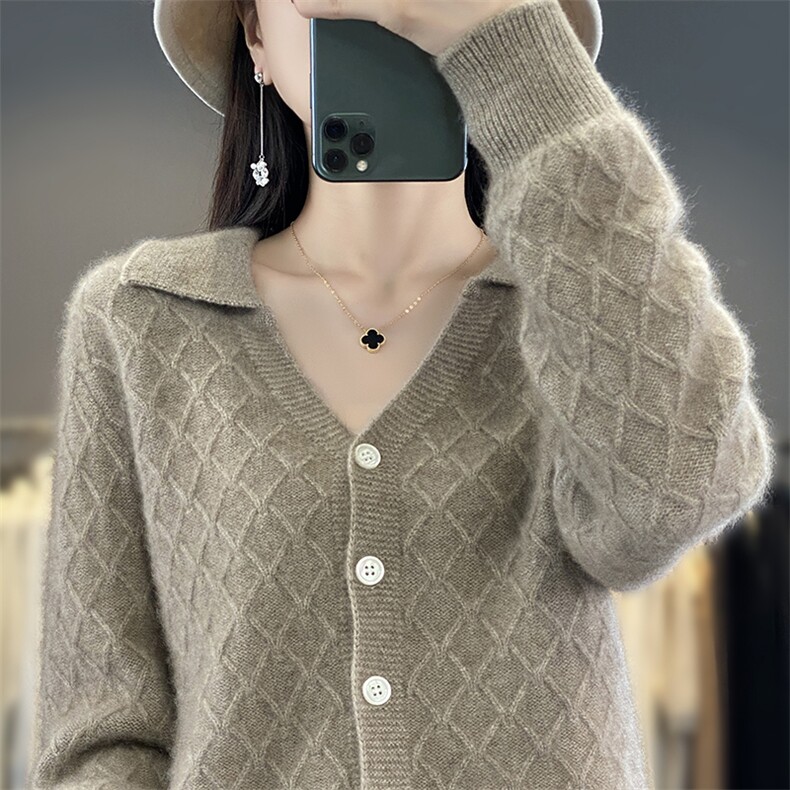 25新款100%纯羊毛开衫女POLO领提花毛衣针织衫外套宽松羊绒衫上衣图片