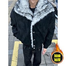 现货高品质美式高街重磅狼王座山雕毛毛领假两件棉衣加厚棉服外套，男装棉衣，电商A486