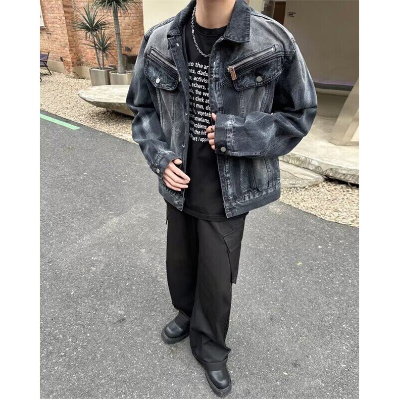 复古水洗做旧垫肩扎染牛仔外套男拉链设计感翻领夹克上衣J8867,男装夹克,星座1116A-1（原606A）