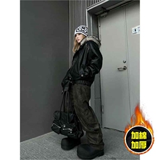 现货冬季美式潮牌痞帅PU皮机车服棉衣毛毛绒狼王座山雕皮棉服，男装棉衣，电商A443
