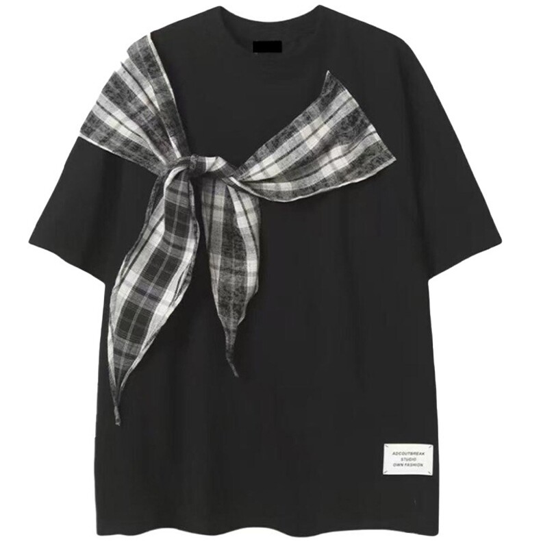 拼接格子布装饰 高品质260克双纱纯棉美式高街短袖T恤 特P35图片