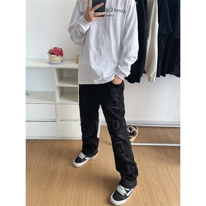 B221 美式ins高街小众假破洞修身微喇牛仔裤 LK22065-P65 控88图片