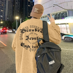 直播品质重磅纯棉美式蜡染水洗做旧潮牌宽松长袖t恤CT297特P38