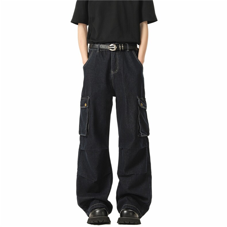 复古丹宁色工装男女多口袋休闲高街直筒阔腿裤XZ603-K9001特P52，男装牛仔裤，星座603