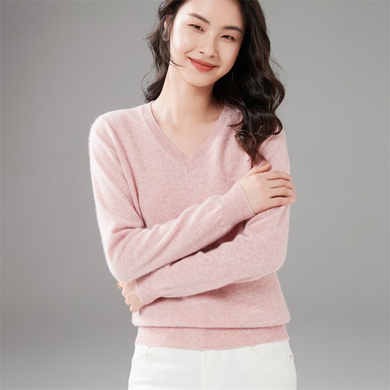 优雅气质V领纯色羊绒衫长袖百搭显瘦保暖毛衣,女装羊绒衫,暖思纯羊绒