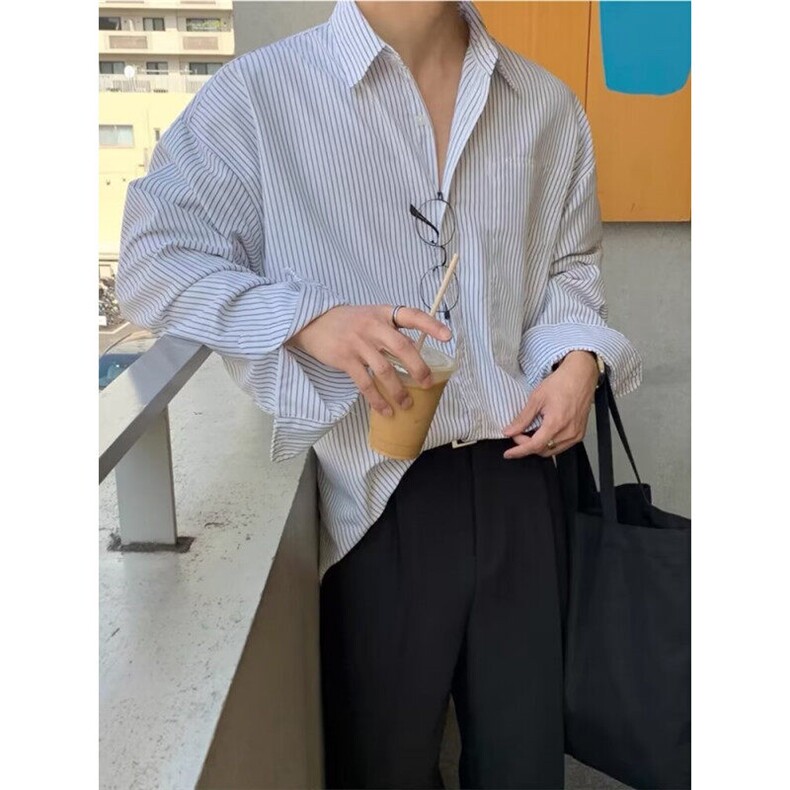 DH70-P40新款韩版条纹衬衫长袖新款宽松小众设计感衬衣-网图现货，男装衬衫，星座603-2