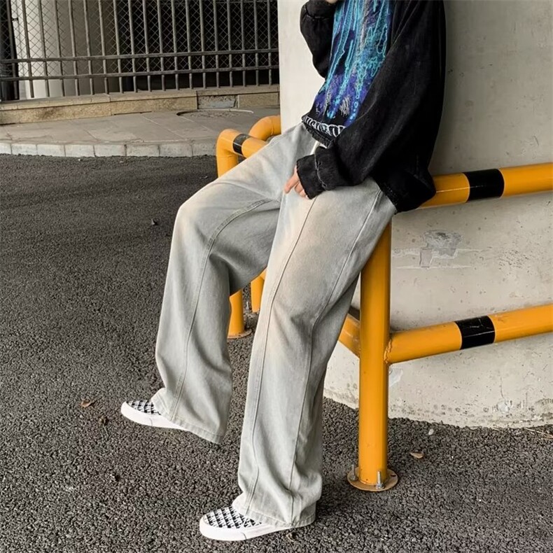 黄泥染牛仔裤男高街vibe复古做旧直筒裤秋季美式宽松K1066-P40,男装牛仔裤,星座1109-3