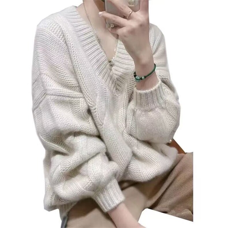 重磅加厚V领衫女麻花大码宽松套头毛衣灯笼袖慵懒软糯羊毛衫,男装羊毛衫,美轩羊绒