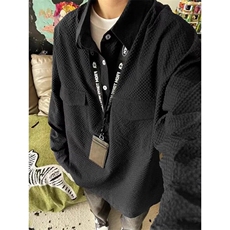 藏青色泡泡纱衬衫男春秋套头半开衫长袖衬衣美式cleanfit情侣外套，男装衬衫，星座908-1