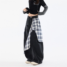 美式复古格子屁帘牛仔裤男女宽松百搭阔腿设计感休闲裤YD9058-P95，男装牛仔裤，星座509