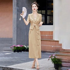 新中式国风职业套装女2024夏季新款时尚气质盘扣西装半身裙两件套，女装套装/套裙，卡杰菲
