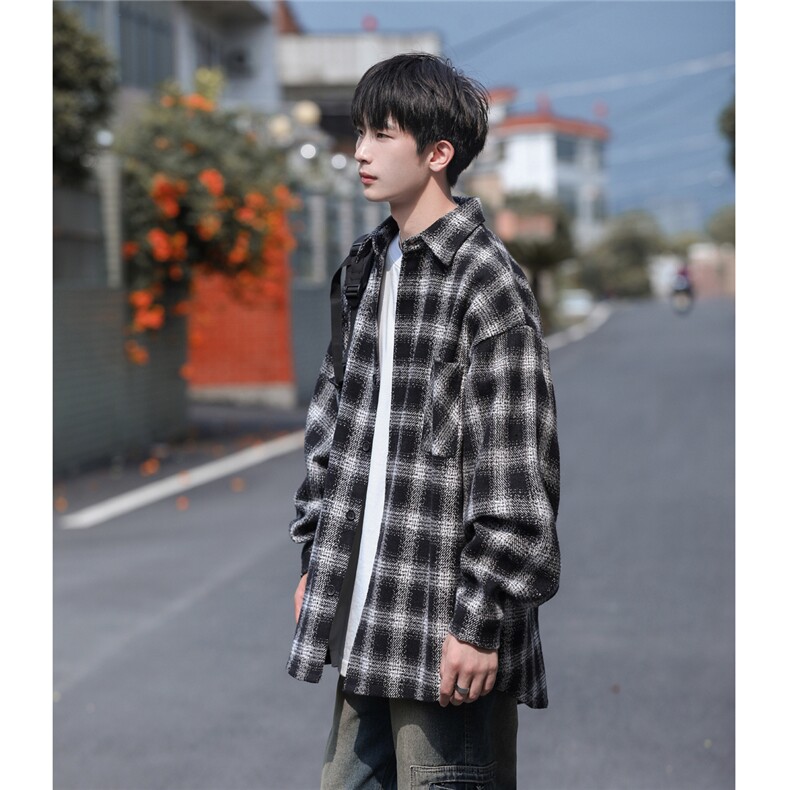 抖音品质春秋季格子衬衫男长袖宽松外套衬衣DX503P65控99,男装衬衫,电商B413-1