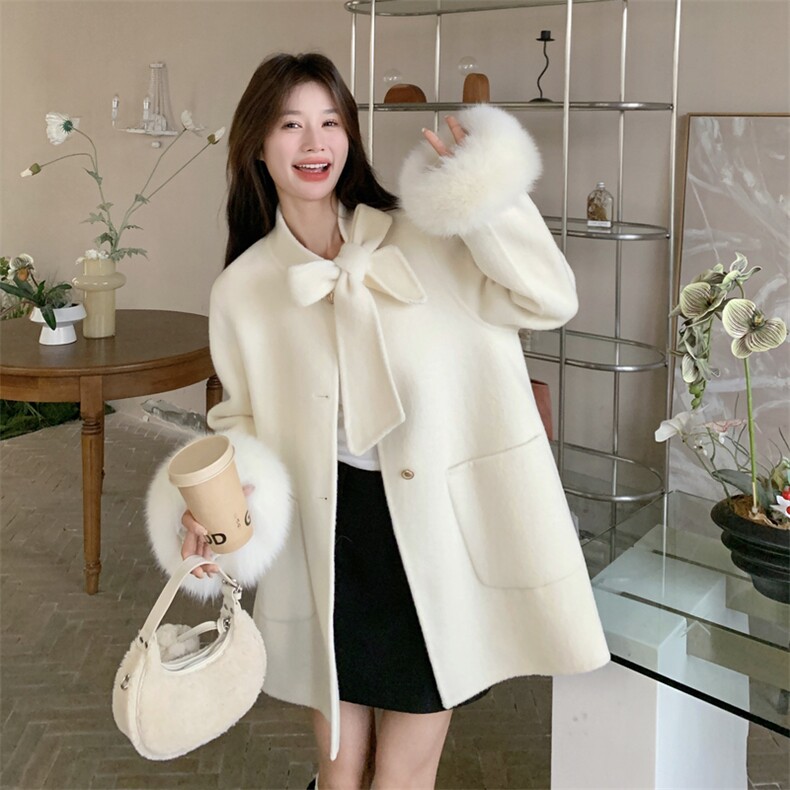 新款！冬装真狐狸毛双面羊毛呢大衣2C133-8991-P360-K498，女装毛呢外套，2C133