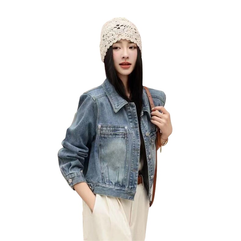 现货2025年春季翻领牛仔外套短款夹克时尚复古风,女装牛仔外套,莜菲儿