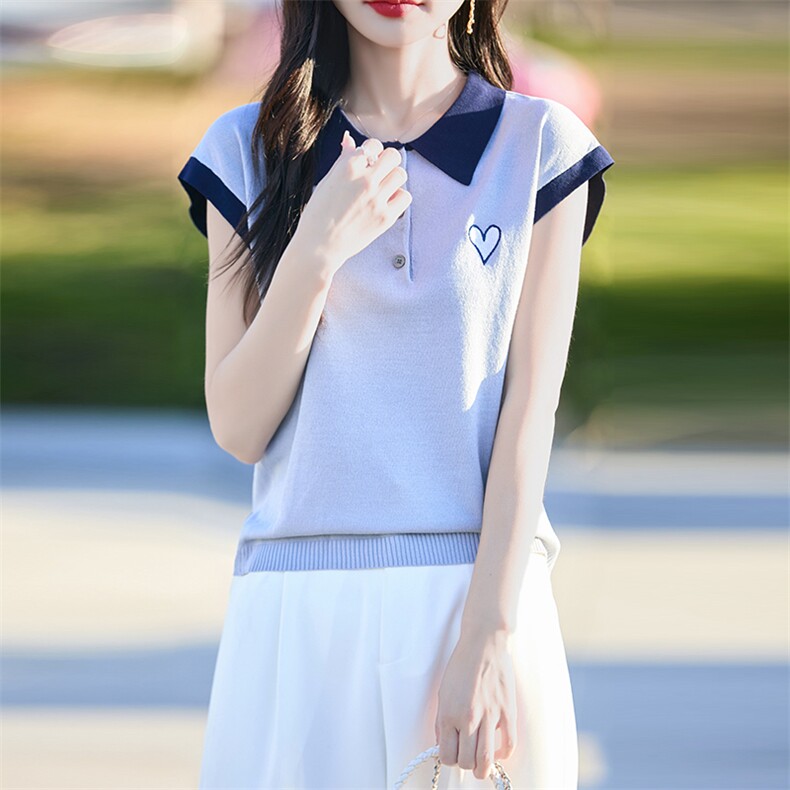 2025夏季翻领冰丝短袖T恤女时尚刺绣拼色薄款POLO领飞袖百搭上衣,女装T恤,思牵羊绒