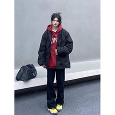 立领日系文艺常规款时尚流行宽松型黑色菱形格棉服冬款夹克外套，男装夹克，星座506A