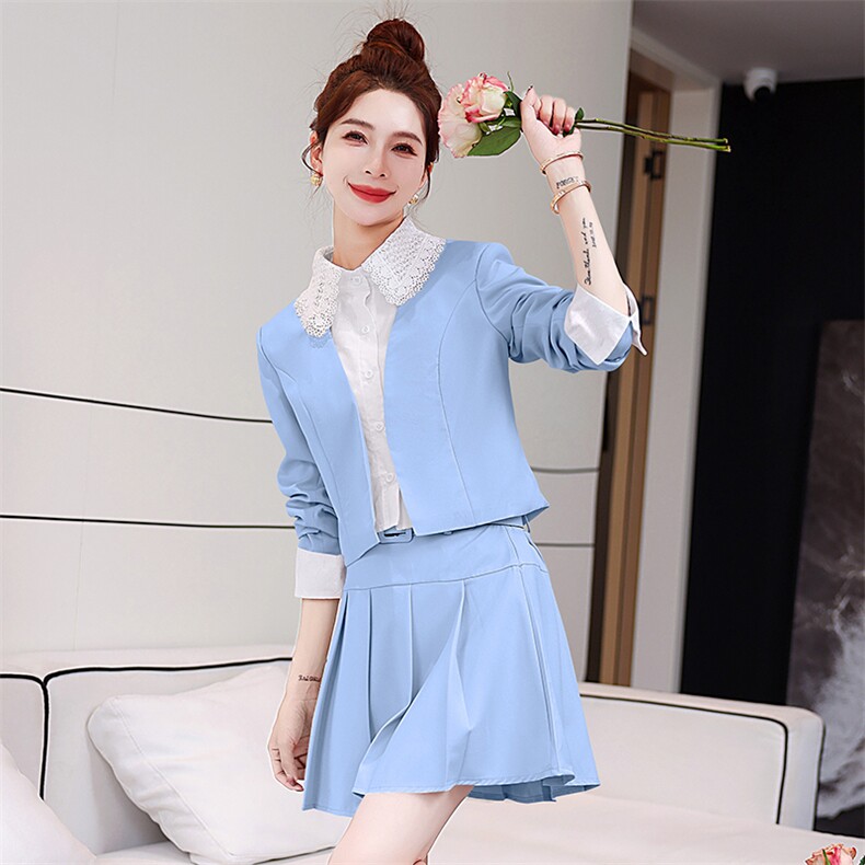 现货2025新款春季重工艺衬衣领短外套小个子甜美半裙两件套送腰带，女装套装/套裙，美静678