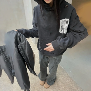 美式复古重磅水洗做旧贴布连帽卫衣男女秋冬宽松cleanfit高街外套图片