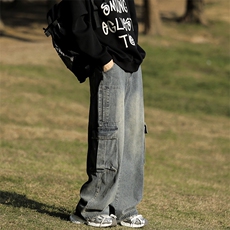 N101-P65男潮流美式休闲大口袋拉链直筒宽松牛仔裤工装，男装牛仔裤，电商B327