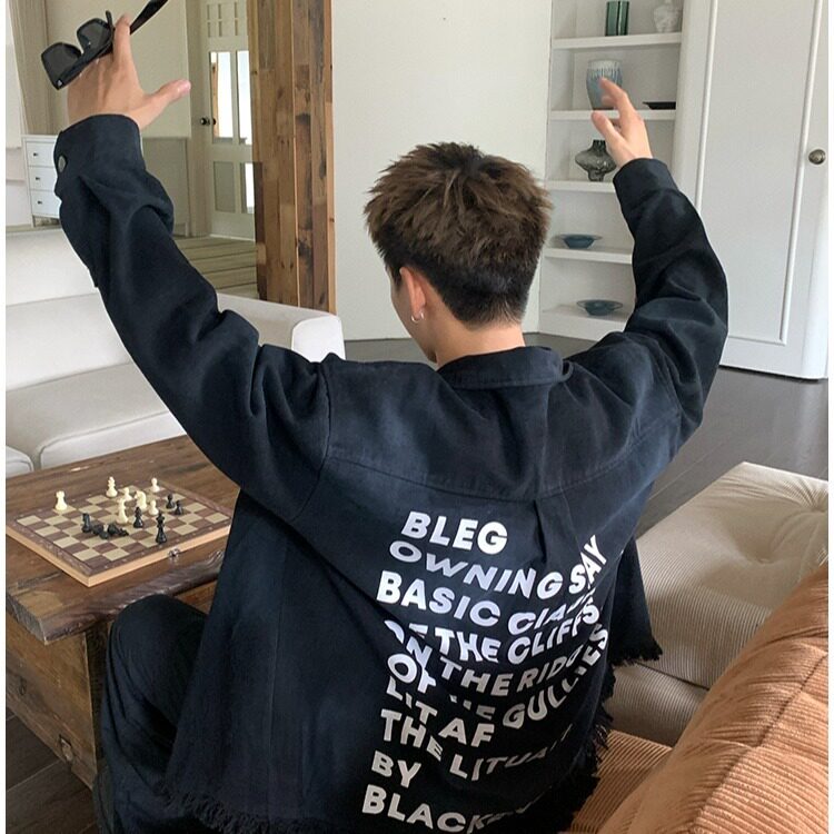 美式潮牌oversize休闲后背字母牛仔外套男女款流苏毛边情侣装夹克,男装工装外套,四季星座505