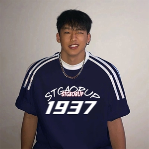 夏季美式高街重磅纯棉三条杠织带撞色男女短袖T恤ZD310-特P30图片