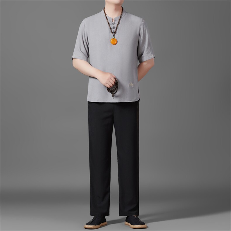 2025夏季亚麻绣花大码风男士透气棉麻盘扣长裤套装MJ5105T-P105,男装休闲套装,星座1105-3
