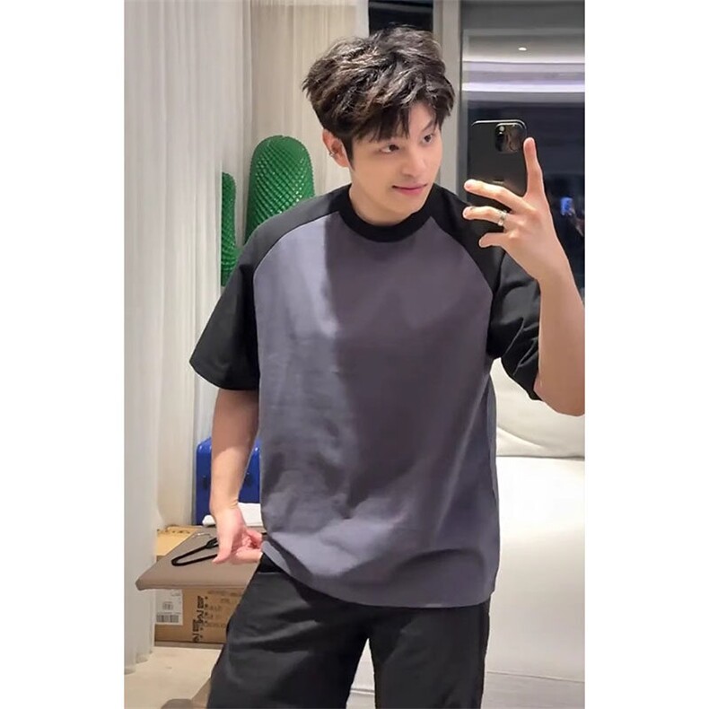抖音得物高品质二开240克宽松纯棉美式潮牌插肩袖拼接短袖T恤，男装T恤，电商A486-1