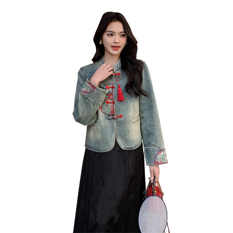 时尚新中式短款牛仔外套女2024春季新款时尚休闲夹克上衣,女装牛仔外套,千千佰惠