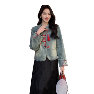 时尚新中式短款牛仔外套女2024春季新款时尚休闲夹克上衣图片