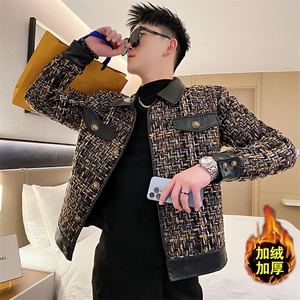 AF112加绒/P138控178秋季社会小伙小香风编织拼皮韩版短款外套男1图片